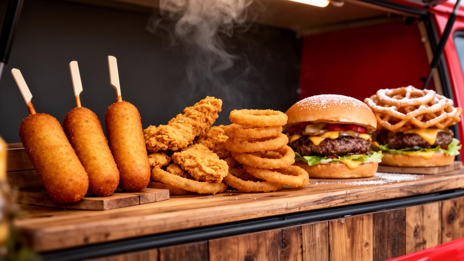 A spread of gluten free corn dogs, chicken strips, onion rings, burgers and funnel cake on a wooden food truck counter
